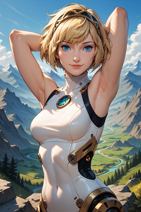score_9, score_8_up, score_7_up, score_6_up
<lora:P3Aigis:0.8>
P3Aigis, 1girl, android, blonde hair, blue eyes, short hair, looking at viewer, arm behind head, closed eyes, smile, armpit, stretching, arm up, blue sky, landscape, mountains, hills