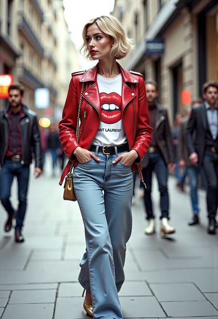 A highly detailed and artistic image of a stylish young woman confidently walking down a city street. She has short, chic blonde hair and striking makeup with bold, dark lipstick. She is wearing a white graphic t-shirt with a playful "SAINT LAURENT" print featuring red lips, tucked into high-waisted, light blue, wide-leg jeans that give her a retro-inspired look. Over her t-shirt, she wears a vibrant red leather jacket with silver zippers and buttons, adding a bold contrast to her outfit. She accessorizes with a thin black belt that cinches her waist, and carries a small, elegant gold handbag with a chain strap, which complements her gold heels. Her footwear consists of sleek, gold high-heeled pumps that add a touch of glamour to her ensemble. The background features an urban setting with modern buildings and a bustling street, providing a dynamic backdrop that highlights her fashionable attire. The lighting natural and bright, casting soft shadows to enhance the textures and details of her clothing and accessories. The image captures her confident and poised demeanor, with her gaze directed slightly away from the camera, adding a sense of movement and elegance to the scene. The overall aesthetic highly artistic, with a focus on fashion and urban chic. 1980s, fashion shoot, designer clothes, aerobics, punk chic, power dressing, oversized.  <lora:FLUX.1-DEV_-_Wild_1980s_Fashions_LoRA:0.8>, <lora:realism_lora:1>, hyp3rd3tail style <lora:hyper-detail-illustration:0.4>
