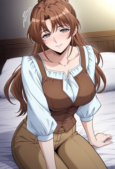 masterpiece, best quality, newest, highres, uncensored, 1girl, yokota mamoru style,1girl, slender face，motion lines,torogao,looking at the viewer,seductive smile,blush
Shiria,Brown Hair,Brown Eyes，long hair，
1girl, female focus, solo, blue eyes, pillow, sitting,  pants,