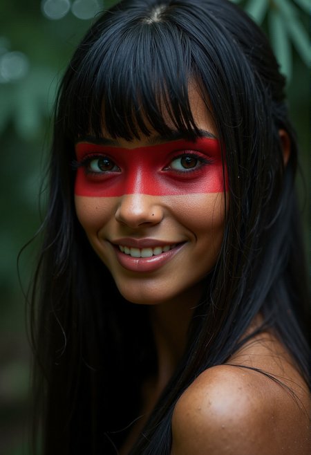 Photorealistic extreme  close-up portrait of a young Brazilian indigenous woman with gorgeous  features. She has a warm skin tone and long, straight black hair with full bangs, and wears vivid red ceremonial face paint across her eyes. Her skin is accentuated by dramatic side lighting. She has a confident, slightly playful smile. Her look blends tribal elegance with soft sensuality. The background is a deep jungle environment, shadowed and mysterious, with palm leaves faintly visible in the dark. The mood is intense, cinematic, and primal <lora:aidmaFLuxPro1.1_v0.3:0.85> aidmafluxpro1.1