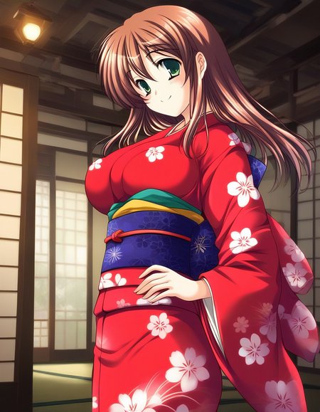 score_9, score_8_up, score_7_up, source_anime, rating_explicit, BREAK  <lora:Yotsutani_Asako_Ver2.0_XL:1> YotsutaniAsako, solo, brown hair, green eyes, large breasts, long hair,
japanese clothes, kimono, closed eyes, smile, obi, red kimono, sash, long sleeves, floral print, blush
Japan room, 
smile,
looking at viewer, 
cowboy_Shot,