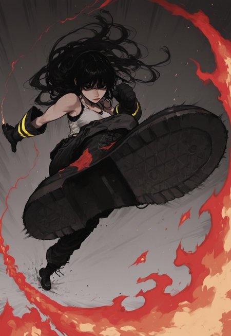 score_9, score_8_up, score_7_up, masterpiece, best quality, very aesthetic, 1girl, incoth, (incase:0.6), detailed face, (dynamic:1), r17329_illu, speed lines, perspective, towards viewer, tank top, wide pants, protective gloves, firefighter uniform, tough, black hair, long hair, black eyes, boots, kick, swirling, fire trail, martial arts, badass, 