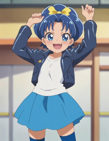 score_9, score_8_up, score_7_up, anime screencap, solo,1girl, tategamiaoi,blue thighhighs, skirt,smile,leather jacket, zettai ryouiki, blue skirt, looking at viewer, shirt,  ribbon, happy, bow,cowboy shot,small breasts,blush,fang<lora:tategamiaoi:0.8>
