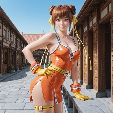 (masterpiece, best quality,realistic,from side:1.3),absurdres,(looking at viewer, collarbone,),(shiny_eyes,sparkling_eyes,smile:1.2),
Central1,1girl,solo,hair bun,brown hair,double bun,gloves boots,ribbon,yellow gloves,dress,hair ribbon,brown eyes,thigh strap,belt,hand on own hip,
cleavage,medium breasts,bouncing breasts,outdoors,covered navel,<lora:Central1(IL):0.7>,<lora:aidmaImageUpgrader-v0.3-IL:0.6>,