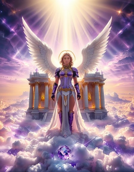 <lora:sky_t3mpl3:1>,cowboy shot,(looking at viewer:1.6),
A fierce warrior angel standing on clouds in front of a majestic celestial sky temple,sky t3mpl3.(arms behind back:1.3), She wears futuristic, sleek black armor with purple accents, blending fantasy and sci-fi elements. Her armor is adorned with glowing, purple gemstones at her chest and shoulders, radiating a soft light that matches the ethereal surroundings. Large, metallic angel wings with a high-tech design extend from her back, with white feathers and metallic frames, combining elegance with strength. She looks directly at the photographer with an intense, focused gaze, creating a powerful connection with the viewer. Behind her, the grand temple is made of gleaming, white stone and crystal pillars, floating among the clouds, illuminated by soft rays of heavenly light. The sky is filled with a soft pink and purple glow, casting a serene yet powerful atmosphere around this divine guardian.<lora:SDXLFaeTastic2400:0.4> <lora:extremely_detailed:0.4> extremely detailed,, Masterpiece,best quality,hi res,8k,hi res,8k,award winning,(sharp focus, intricate, highly detailed),