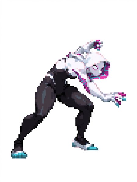 CapcomVsSnk,, white background,,
1girl, (spider-gwen:1),, looking at away, dynamic pose, full body, fighting stance,
 <lora:ACapVSsnk_Style:1.2>,