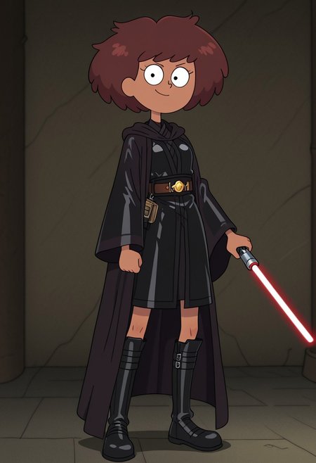 masterpiece, best quality, amazing quality, anneboonchuy, 1girl, solo, dark-skinned female, brown hair, short hair, petite, athletic, smooth body, <lora:JediRobes:1> j3d1, 1girl, solo, black robes, black outfit, full body, leather knee boots, belt, thick belt, red lightsaber, <lora:JediRobes:1> j3d1, 1girl, solo, black robes, black outfit, full body, leather knee boots, belt, thick belt, red lightsaber, japanese outfit, smile, cute, looking at viewer, portrait