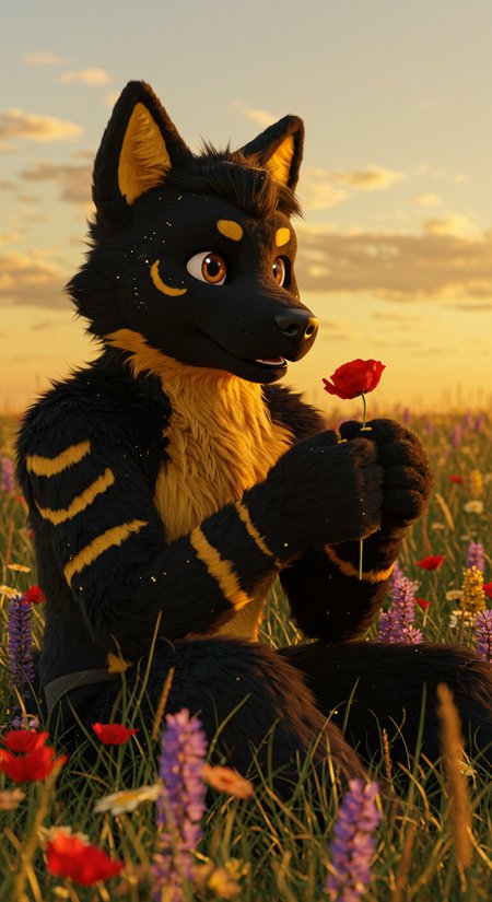 "Vibrant, photorealistic 3D render of a male wolf fursuit character: - Black and gold fur with subtle shimmering highlights - Large, piercing amber eyes and a calm, serene smile - Golden accents on the chest and tail with ultra-detailed fur textures Scene: - Character sitting peacefully in a vibrant field of wildflowers - Holding a single red flower in its paw, gazing thoughtfully at the horizon - Background includes tall grass, colorful blossoms, and a golden sunset casting warm light - Atmosphere feels tranquil and picturesque Rendering style: - 3D render with cinematic realism - Vibrant colors and ultra-detailed textures - Ultra-HD 8K quality, hyperrealistic and lifelike - Masterpiece-level digital media artwork, detailed fur and face textures - High-quality, live-action aesthetic" thong