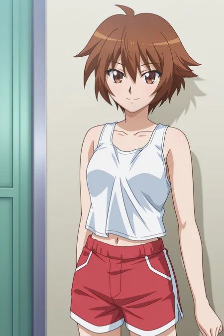 masterpiece, best quality, absurdres, highres, source anime, very aesthetic, very awa, BREAK, anime coloring, anime screencap,
<lora:swing_out_sisters_v1-illustrious_r1:1>, 1girl, chinatsu \(swing out sisters\), brown eyes, brown hair, short hair, ahoge, small breasts,
BREAK, looking at viewer, smile,
BREAK,   navel, midriff, tank top, red shorts,