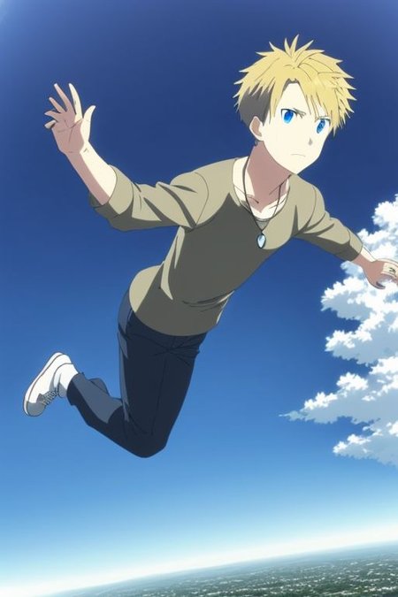 high resolution, solo, best quality, 1Boy, Yamato Ishida, Blond Hair, Blue Eyes, Necklace, free fall, sky , OverallDetail