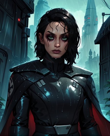 score_9,score_8_up,score_7_up,score_6_up,
Trilla,green eyes,black hair,
upper body, wet,    
armor,gloves,black bodysuit,black cape,belt,rain,
science fiction,sith base, star wars, outdoors,  rain, 
<lora:Trilla:0.8>,solo,