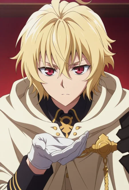 masterpiece, best quality, , anime screencap, anime coloring, official style, , 1boy, solo, male focus, <lora:mikaela_hyakuya_ilxl:0.9>, mikaela_hyakuya, blonde hair, red eyes, short hair, hair between eyes, bangs, ahoge, white gloves, cape, ,