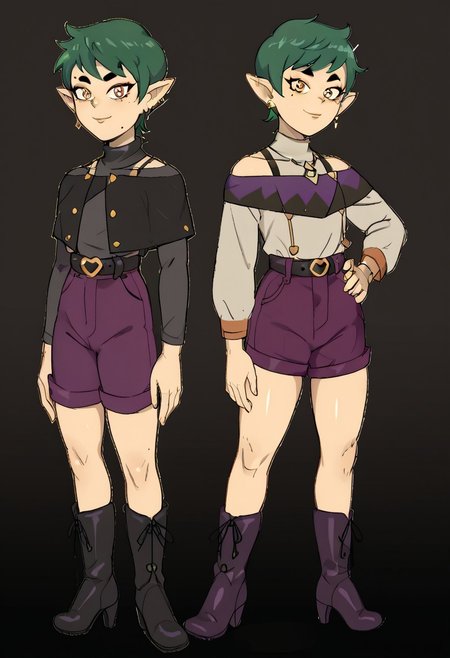 Masterpiece, best quality, amazing quality, absurdres, highly detailed, very aesthetic, kug4r44423, Emira Blight, pale skin, pointed ears, earrings, golden eyes, mole, green hair, pixie cut, acne, gray long-sleeved shirt, rust-colored trimmed ends, black and purple shoulderless, one-strap-cowl, dull gold dangles, purple shorts, black belt, black heeled boots