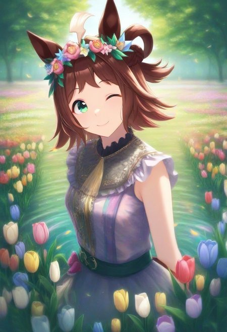 (umamusume, rhein_kraft_(umamusume), horse_ears, horse_girl, tail, 1girl, ahoge, animal_ears,)
casual, Tulip,Tulip flower, Tulip flower_field, 
head_wreath, looking_at_viewer,  solo, aesthetic, absurdres, symmetric , , g0ldsw0rthy,
(realistic, photo,  artistic, medium_hair, one_eye_closed, petals, relaxing, smile, spiralling vortex made of multicoloured tulips, lush foliage sunrise,  ripples, reflective, jaynl-tm, rainbow,green_eyes, hair_between_eyes, hair_ornament,  : 0.7)