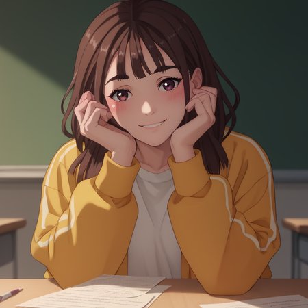 <lora:SlimesGaeul:1>, score_9, score_8_up, score_7_up, slimes_gaeul, woman, solo, brown hair, classroom background, looking at viewer, smiling, blushing