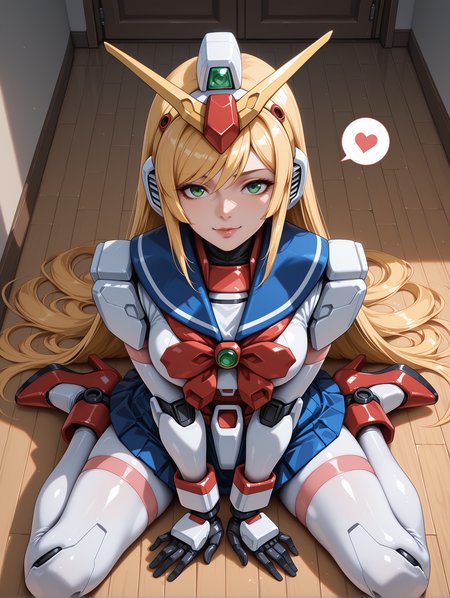 embedding:lazypos, perfect anatomy, anime coloring, anime screenshot, <lora:spo_sdxl_10ep_4k-data_lora_webui:1>, <lora:Latex_MBA_style:1>, 
BREAK
<lora:Nobel Gundam-IL:1>, nobel gundam, gf13-050nsw, 1girl, solo, robot, mecha, green eyes, cute face, long hair, blonde hair, v-fin, red bow, bow, high heels, blue sailor collar, sailor collar, detailed body, <lora:handPatchUnet:1>, detailed_hands, elegant_fingers, (cute:1.2), (sexy:1.2), balanced figure, perfect anatomy body, 
BREAK
from above, full body, dynamic_angle, facing viewer, looking at viewer, spoken heart, sexy pose, arm support, spread legs, v arms, sitting on floor, indoors, wooden floor