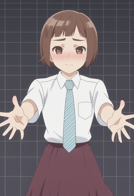 score_9, score_8_up, score_7_up, anime screencap, BREAK, 1girl, solo <lora:DX888Kazusa:1> onodera kazusa, brown eyes, brown hair, thick eyebrows, bob cut, micro bangs, school uniform, long skirt,  necktie, BREAK
 drunk,  nose blush,  bubbles,, dark gray background, simple background, grid background,,  Reaching out with both hands