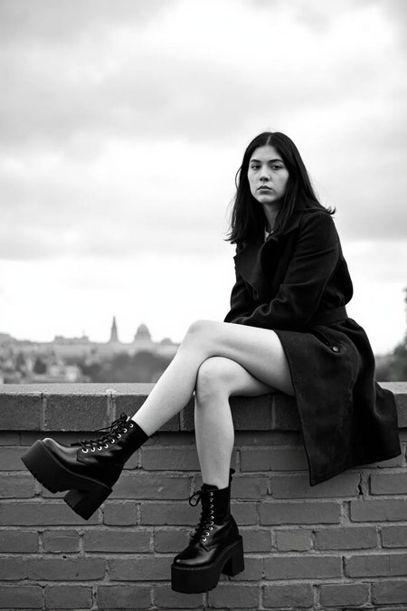 sony_a7III professional style photo, Black and white photo of a young woman sitting on a brick wall, legs extended out in front of her, black platform combat boots prominently in the foreground. She has light skin, long black hair, and is wearing a dark trench coat. She has a slender build and a relaxed, introspective expression. The background shows a cloudy sky and a distant cityscape. The lighting is natural, with soft shadows. The camera angle is low, looking up at her. shallow depth of field, background slightly blurred