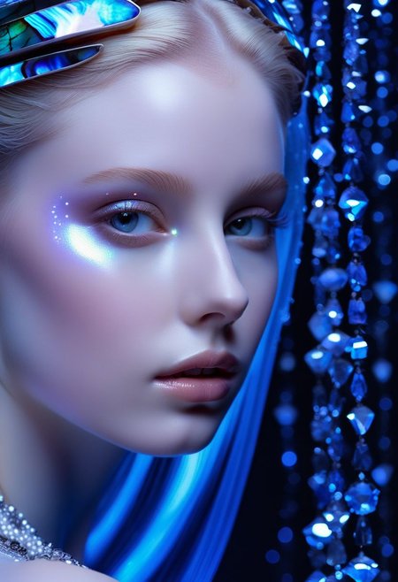 highest esthetic score, photo of a exquisitely beautiful pale skin  european 1girl, 20yo, modern implementation of sci-fi  "botichhelli The Birth of Venus" fantastic epic masterpiece, starlight falls on beautiful young face. Depth of field, insane details:1.4,  ultra detailed, absurdres, 1:280f Zeiss lens, long aperture, abalone shell, fiery opal, platinum, obsidian