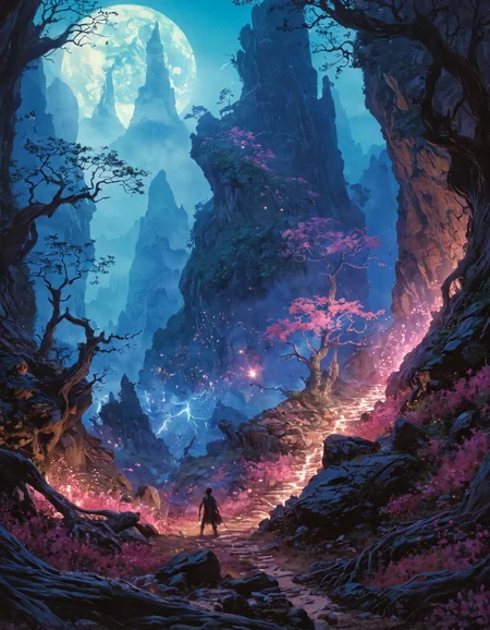hyper realistic and highly detailed photo of an otherworldly landscape,dark, dim, dull, shadowy, somber, dusky, lightless, tenebrous amorphic, ghostly, eerie, spiritual, shapeless, spectral, by Earl Norem and by Yoann Lossel,  excellent composition, finest details, highest aesthetics, strong muted Highlighter Pink and Dazzling Blue  hue, mystical glowing