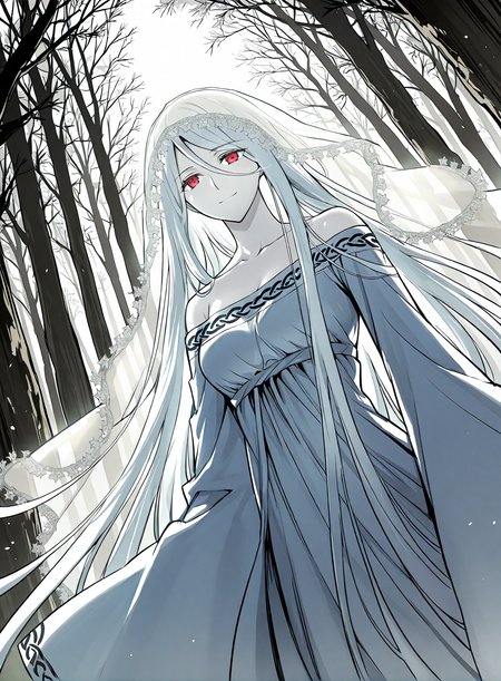 <lora:Yuridika__Doom_Breaker__Illustrious:1>
1 girl, red eyes, pale skin, hair between eyes, white hair, very long hair, bangs
white dress, veil, collarbone, wide sleeves, long sleeves, bare shoulders,
score_9, score_8_up, score_7_up, very aesthetic, source_anime, detailed, high quality, beautiful, masterpiece, detailed eyes, forest, tree, ruins, cowboy shot, dynamic angle, upper body, light smile, dynamic pose