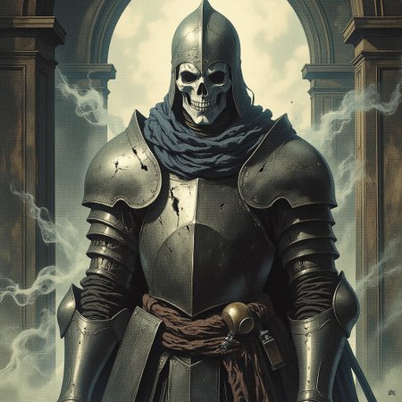 A ghostly undead figure in ancient armor hovers in a dimly lit room, The armor, tarnished and weathered with time, clings to the ghostly figure, with cracks and gaps revealing the misty, swirling essence within. The ghost eyes peer out from beneath a dented helmet. Long, tattered remnants of a cloak drift weightlessly behind it as if caught in a perpetual wind. The armor's metal clinks faintly, echoing in the silence, while the ghost hovers silently, its presence both haunting and regal in the desolate space, cowboy shot
