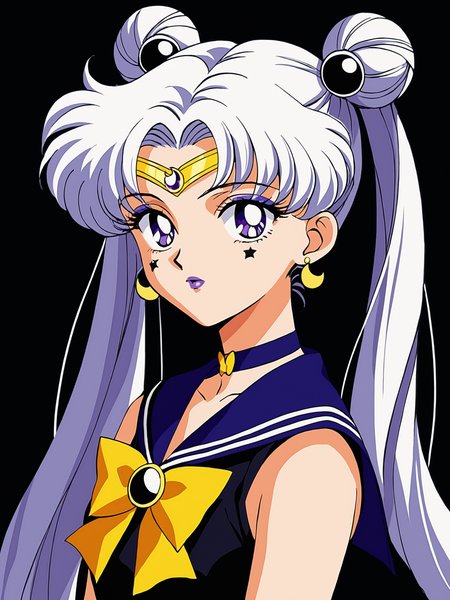 1990s (style), anime coloring, sm90s, 1girl,  solo,  long hair,  looking at viewer,  bangs,  shirt,  hair ornament,  bow,  twintails,  jewelry,  purple eyes,  upper body,  white hair,  earrings,  parted lips,  sleeveless,  choker,  bowtie,  sailor collar,  hair bun,  from side,  parted bangs,  black shirt,  eyelashes,  sleeveless shirt,  double bun,  makeup,  facial mark,  lipstick,  crescent,  black background,  tassel,  yellow bow,  eyeshadow,  circlet,  forehead mark,  alternate eye color,  alternate hair color,  star earrings,  dark persona,  sailor senshi uniform,  purple lips,  crescent earrings,  crescent facial mark,  indoors, retro art style, retro anime, BREAK PonyXLV6_Scores , <lora:SM90sPDXL_r1:0.8>