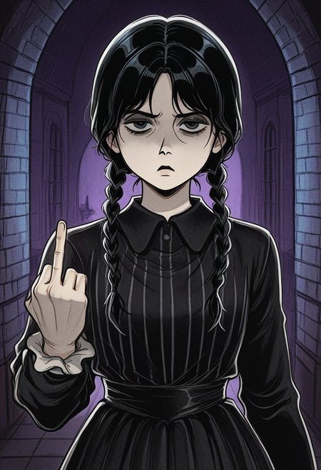 813nm0hstyle,   masterpiece, best quality, solo,                                                                                                                                                                                                                                                         wednesday addams, black hair, black dress, unimpressed, middle finger, spooky manor