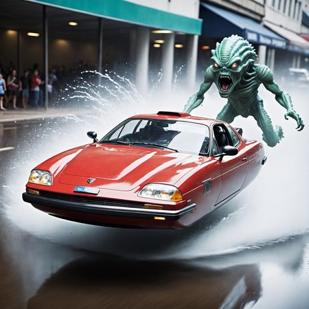 photo of hovercar chased by sprinting (alien monster:1.8), nowheels, science fiction, scifi, high-speed cinematic, splashing water, raining <lora:No.Wheels:1>, depth of field, motion blur, (zoom blur:1.2) terrified driver