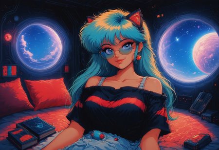 safe_pos, score_9, score_8_up, score_7_up, she is relaxing in spaceship command chair looking out window into the infinite nebula, spaceship, neon, zzCitronCAT,, toys, dramatic lighting, indoors, (big window:1.1), tinted eyewear, space view, extreme detailed background, (retro futuristic bedroom:1.2), bed, books, bottles, nebula, in space, (starry sky), anchespaceroom 1girl, solo, messy, (skinny), goth, blue eyes, long straight hair, blonde hair, gradiant aqua hair, open hoodie, loosing hoodie, bareshoulder, small breasts, breasts exposed, little pantie, sexy pantie, headset, cat headset, fake cat ears, smile, in tiny bedroom, chilling on bed, looking at window, spaceship, neon, toys, dramatic lighting, indoors, (big window:1.1), space view, extreme detailed background, (retro futuristic bedroom:1.2), bed, books, bottles, nebula, in space, (starry sky), anchespaceroom, 
skirt, shirt, bare shoulders, jewelry, collarbone, short sleeves, cowboy shot, pleated skirt, earrings, striped, off shoulder, makeup, white skirt, off-shoulder shirt, shirt tucked in, multicolored shirt,