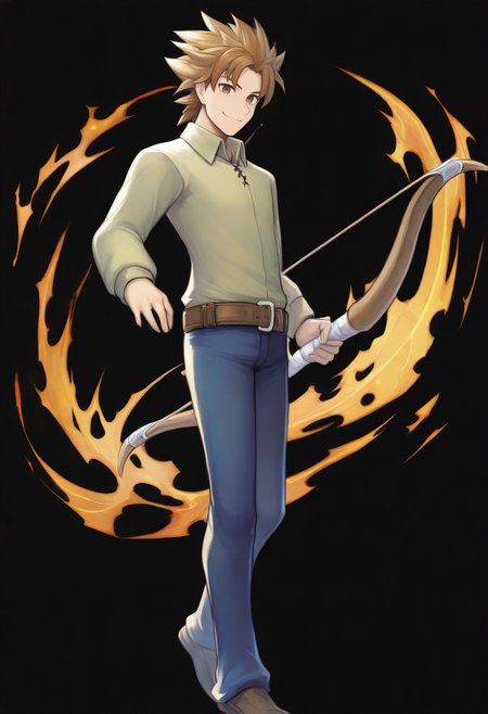 masterpiece, best quality, solo, 1boy, smile, looking at viewer, <lora:Guide-illus_Fp:1>, guidetre, brown hair, brown eyes, short hair, spiked hair, green shirt, collared shirt, belt, blue pants,  <lora:feh-style-richy-v1_ixl:1>, fehspc, full body, black background, bow \(weapon\),