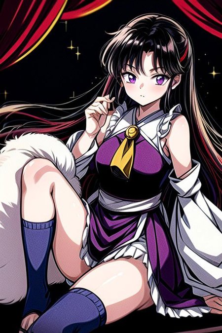 masterpiece,  best quality 1girl Setsun4 solo long hair,  (night time) forest background black hair very long hair purple eyes multicolored hair armor (fur trim) (medium body),<lora:EMS-179-EMS:0.800000>,<lora:EMS-293862-EMS:0.800000>ascot, bare shoulders, black footwear, detached sleeves, embellished costume, frills, japanese clothes, nontraditional miko, red skirt, sandals, sarashi, skirt, socks, white sleeves, white socks, wide sleeves, yellow ascot, zouri, armor, miko