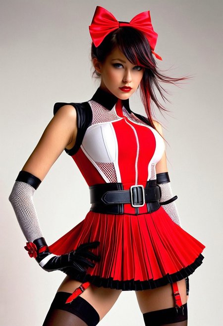 A hyper-realistic portrait of a girl's upper body, dressed in a vibrant red and black costume with white accents, featuring a sleeveless red dress with a white mesh panel, cinched at the waist with a black belt, paired with a pleated red mini skirt, black thigh-high stockings, and black fingerless gloves, her hair adorned with a red bow accessory, and black boots, set against a stark, high-contrast background with dramatic lighting, highlighting the intricate textures and folds of the costume, in a style reminiscent of high-fashion photography, with ultra-detailed, crisp lines and a bold color palette.