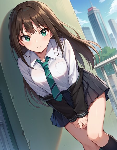 score_9, score_8_up, score_7_up, source_anime,
rinshibuya, <lora:rin-shibuya-ponyxl-lora-nochekaiser:1>,
rin shibuya, black hair, green eyes, long hair,
black skirt, black socks, collared shirt, green necktie, kneehighs, long sleeves, miniskirt, necktie, pleated skirt, school uniform, shirt, skirt, socks, striped, striped necktie, white shirt, wing collar,
outdoors, cityscape, bent over,
looking at viewer, dutch angle, cowboy shot,