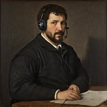 Painting of detailed of office worker with headset AH_Titian   <lora:Paintings_by_Titian_-_Venetian_Renaissance:1>