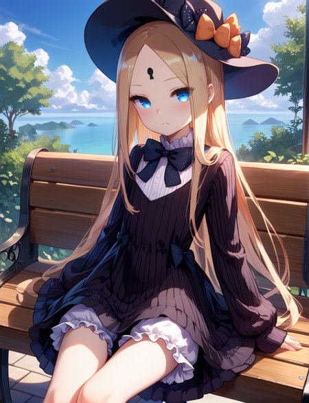 score_9, score_8_up, score_7_up,source_anime,
outdoors, sky,
sitting on wooden bench, elegant bench,
solo,
<lora:Abigail_Williams_XL:1> Abigail_Williams_(Fate), blonde_hair, blue_eyes, long_hair, parted_bangs, flat_chest, blonde_hair, blue_eyes, long_hair, parted_bangs, flat_chest, black_dress, black_hat, sleeves_past_wrists, ribbed_dress, white_bloomers,
 <lora:DallE3-magik:1>