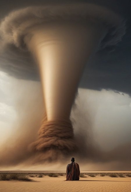 desert, day, sand storm, sand tornado,
 graphic style of novel comics,dark novel, 2d, 8k, hyperrealism, masterpiece, high resolution, best quality, ultra-detailed, super realistic, Hyperrealistic art, high-quality, ultra high res, highest detailed, lot of details, Extremely high-resolution details, incredibly lifelike, colourful, soft cinematic light,
giant tornado vortex,
back view, 
rear view of a shaman sitting on the sand, black skin, African,