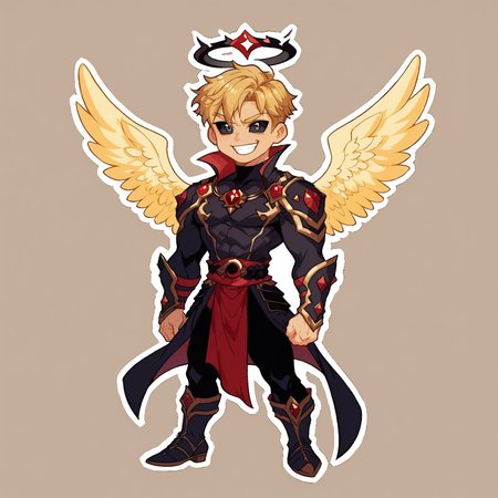 8k, score_9, score_8_up, score_7_up, Chibi, Chibi Body, Chibi Art Style, full body portrait, masterpiece, outline, transparent background, 1boy, muscular twink, broad shoulders, slim waist, lean, big biceps, young, handsome, cute face, 
(blonde curtain bangs hair), black eyes, black sclera, black halo, (black angel wings),
intricate white robe, high collar, black trim, puffed sleeves, black armor, ornate thighhigh boots, ruby amulet, bracers, black pants, intricate sash,
evil grin,
holding fiery sword,
Stickers, Sticker, dynamic pose