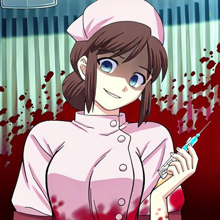 masterpiece, best quality, hospital room, blood splatters, blood smears, holding, holding needle, injection needle, looking at viewer,  head tilt, shaded eyes, horror theme, looking down at viewer, looming over viewer, <lora:Tsukihime NXL:1>1girl,shirakawa_miho,blue eyes,brown hair,single hair bun,large breasts,nurse, blood smeared walls, blood smeared background, blood splattered background, bloody uniform, nurse_cap ,scary smile, glassy eyed smile, cheerful smile, bubbly pose, <lora:shirakawa_miho-illus:0.9>,solo