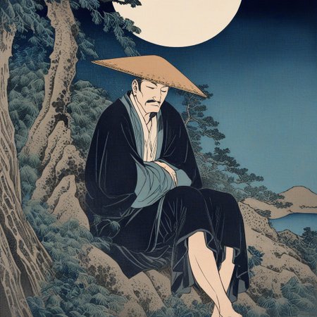 1boy,mature,solo,masterpiece,best quality,intricate details,KHsty-XL,cliff edge,a tilted pine tree on cliff edge,pine tree focus,woodcuts art,moon night,(one druken man sitting on tree:1.3), (leaning on pine tree),asleep,sea underneath,bamboo hat,