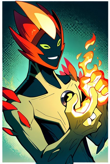 <lora:swampfire-10:1> swampfire, colored skin, spikes, colored sclera, 1boy, green skin, green eyes, pokemon (creature), shoulder spikes, no humans, smile, fire hands,  green background, smiling,, ((upper body, halftone effect, white borders, abstract background:1.2,)), masterpiece, best quality, amazing quality, very aesthetic, absurdres, newest,