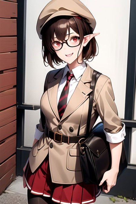shameimaru_aya,shameimaru_aya_\(newsboy\),1girl,adapted_costume,alternate_costume,arm_behind_back,arm_support,arm_up,bag,belt,bespectacled,black-framed_eyewear,black_headwear,black_necktie,black_pantyhose,blazer,bracelet,brown_belt,brown_hair,brown_jacket,brown_shorts,buttons,cabbie_hat,camera,closed_mouth,collared_shirt,color_guide,cowboy_shot,formal,glasses,hand_in_own_hair,hat,head_tilt,invisible_chair,jacket,jewelry,legs_together,long_sleeves,looking_at_viewer,necktie,open_clothes,open_jacket,outside_border,pantyhose,pantyhose_under_shorts,pointy_ears,pom_pom_\(clothes\),red_eyes,rounded_corners,shirt,shirt_tucked_in,short_hair,shorts,sitting,smile,solo,striped_clothes,striped_vest,vertical_stripes,vest,white_shirt,wing_collar,wristband,boots,brown_footwear,character_name,foot_out_of_frame