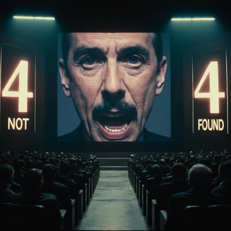 (high resolution film picture, 4k, film grains), cinematic lighting, dystopian sci-fi, in a dark hall, people standing at 2 sides, 3 screens with black frame, glitching old monitors, flickering lines, monochrome screen, blurry face, low contrast, elder soviet man, big brother's angry face in the middle screen,  ((mouth wide open showing teeth)), mustache, red number "4" on the left and right screens, text "not" at left and "found" at right, glowing texts