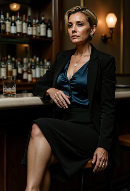 A **Voluptuous 60-year-old American woman**, radiating power and elegance, sits at a **dimly lit luxury hotel bar**, captured in a **candid, unposed moment**. Her **short blonde pixie haircut**, styled with a touch of **wet hair gel**, gives her a contemporary and bold look. She wears a **fitted midnight blue button blouse with deep cleavage**, which subtly hugs her **large breasts**, paired with a **black pencil skirt** that flows effortlessly as she crosses one leg over the other. Her **tailored black blazer** adds a layer of sophistication, while her **heels**, resting on the ground, assertively elevate her poised stance.  
The woman glances **over her shoulder** with a **teasing yet commanding gaze**, her eyes locked with the camera in a moment of **silent confidence**. A **whiskey glass** rests on the bar beside her, the soft glow from the ambient lighting reflecting off the liquid. Her **elegant jewelry**, including a simple **necklace** and **earrings**, adds a subtle luxury to the scene.  
The photograph is taken in the **signature candid, raw style of Helmut Newton**, capturing the **natural, unposed energy** of the scene. The **dim lighting** highlights the sharp angles of her face and the curve of her silhouette. **Deep shadows** create a moody atmosphere, while the focus on her eyes brings an undeniable intensity to the frame. The shot feels **intimate**, almost like a stolen moment in time, emphasizing her confident and mysterious allure. The background is softly blurred, giving the image a sense of **timeless fashion photography**, capturing a powerful yet understated moment of grace.