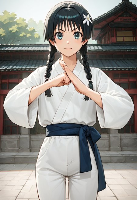 (fist-palm salute:1.5), score_9, score_8_up, score_7_up, source_anime, ultra detailed, 
Generate a picture of a girl making fist-palm salute in a big garden in front of a big traditional Chinese building,  (fist and palm folded in front), front view,  she is wearing a yin_yang_print robe, white pants, barefoot, looking at viewer seriously with light smile.
1girl has black hair which is made into twin braids  with bangs, wearing hair ornament and hair flower, yellowish skin, flat chest, slender body with narrow waist, round face with light blue eyes, 
  saten ruiko, solo, 
 <lora:saten-ruiko-ponyxl-lora-nochekaiser:1>,<lora:fist-palm_salute_Pony:0.8>