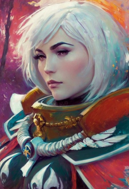 Fauvism Art of warriror nun lady, adepta sororitas, adepta sororitas armour, short white hair, in dreamlike scenery, whirling colours,, rpg, gothic, medieval, dark, painterly, bold colors, textured brushwork, fauvism art