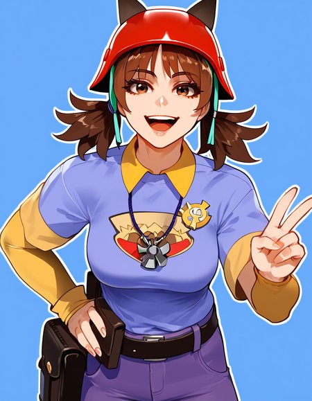 1girl, solo, <lora:Aubrey_Fortnite:0.8> red helmet, brown hair, brown eyes, pigtails, medium breasts, short sleeves, purple shirt, yellow collar, yellow sleeves, long sleeves, undershirt, pants, fanny pack, belt, necklace, looking at viewer, smile, cowboy shot, peace sign hand, blue background, white outline,   <lora:NAIV3_Hentai-Mixed_Artstyle:1> naiv3-mixed, NAIV3-Mixed, looking at viewer, open mouth, upper teeth