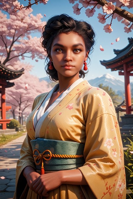 score_9, score_8_up, score_7_up,
<lora:RDR2Tilly:0.8>
RDR2Tilly, 1girl, black hair, brown eyes, dark skin, looking at viewer, in a traditional kimono, surrounded by cherry blossoms