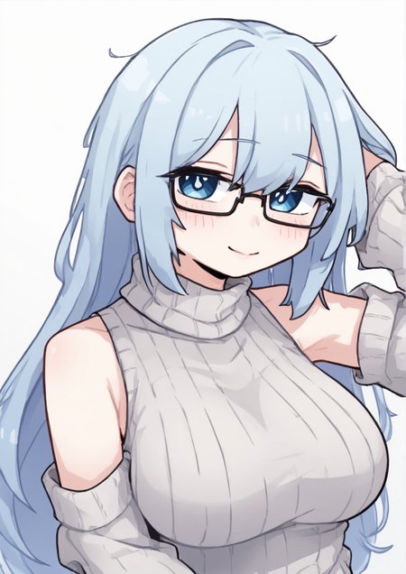 1girl, momoshina fumika, huge breast, black-framed eyewear, blue eyes, blue hair, blush, closed mouth, floating hair, glasses, grey sweater, hand in own hair, long hair, looking at viewer, portrait, ribbed sweater, sleeveless, sleeveless sweater, smile, solo, straight hair, sweater, zPDXL3 <lora:HODU57:1>