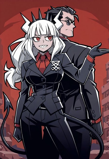 masterpiece, best quality, newest, absurdres, highres,  anime, anime style, Dynamic-Duo-Pose-IL.V1.0, Duo, Duo focus, dynamic duo, dynamic pose, pose, 1boy, helltaker \(helltaker\), sunglasses, glasses, black hair, short hair, muscular, muscular male, 1girl, lucifer \(helltaker\), black suit, red necktie, black collared shirt, black gloves, blunt bangs, demon horns, demon girl, demon tail, sharp teeth, red eyes, white hair, long hair